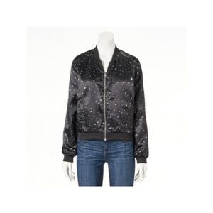 LOVE FIRE Womens Black Zippered Reversible Ribbed Trim Bomber Jacket XS